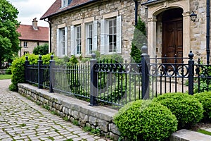 A stone house with a wrought iron fence