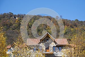 Stone houses in the background of mountains covered with autumn forest