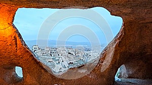 Stone houses and caves at Uchisar region in Cappadocia in Turkey