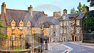 Stone houses in the old town of Sterling, Scotland, at sunset