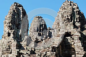 Stone human faces featured on the towers of Cambodia\'s Khmer Bayon Temple