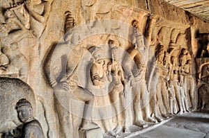 Stone inscriptions in cave Mamallapuram, India