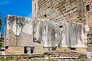 Stone inscriptions at the entrance to the Basilica Aemilia at the Roman Forum in Rome