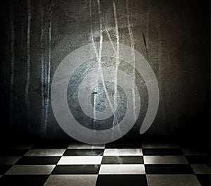 Stone interior with checkered marble floor