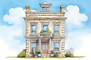 a stone italianate home with a belvedere against a cornflower blue sky, magazine style illustration