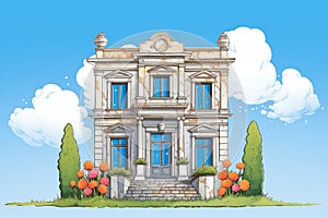 a stone italianate home with a belvedere against a cornflower blue sky, magazine style illustration
