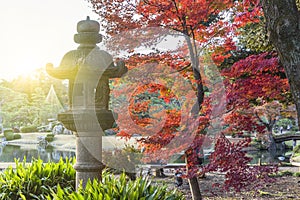 Stone Kasuga lantern under a red maple momiji in the garden of Rikugien in Tokyo in autumn