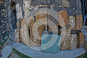Stone khachkars near Sevanavank Monastery at Sevan Lake in Armenia