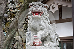 Stone Komainu Guardian on Pedestal with Ball