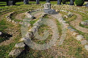 Stone labyrinth near the Devil's Stul rock on Lake Onega. Zaozerye, Petrozavodsk, Karelia, Russia. A magical place