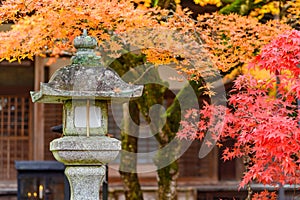 Stone lantern with beautiful red autumn leaves, Japan