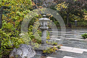 Stone lantern at Japanese garden in Fredrik Meijer gardens