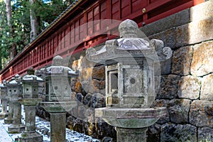 Stone Lantern Pillars of Nikko Futarasan Jinja in snow