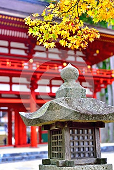 Stone Lanterns with autumn Leaves in Japanese Temple