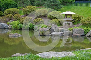 Stone lanterns and rocky paths surrounding the Koi Pond at the s
