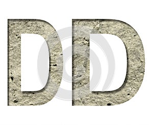 Stone letter D cut out of white paper on the background of the texture of natural stone close-up, decorative font