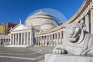 Stone lion at the Basilica di San Francesco di Paola in Piazza del Plebiscito, Naples, Italy.