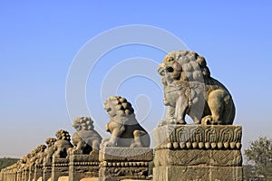 stone lion on bridge railing, China