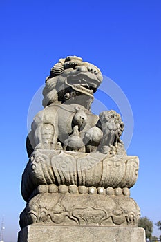 stone lion on bridge railing, China