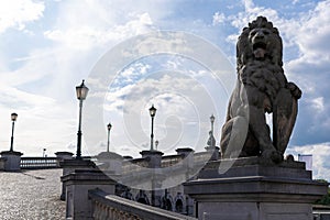 A stone lion on the entrance to the walk way bridge at Antwerpen por