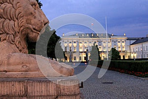 Stone Lion guarding Presidential Palace, view in the evening illumination, Warsaw, Poland