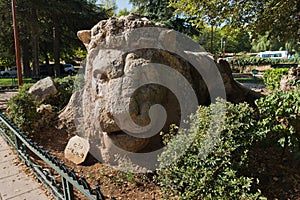 Stone lion monument in Ifrane is a cult landmark in mid Atlas, Morroco photo