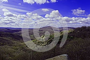 a stone lion\'s head photographed from afar