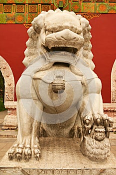 Stone lioness guarding the entrance to the inner palace of the Forbidden City. Beijing