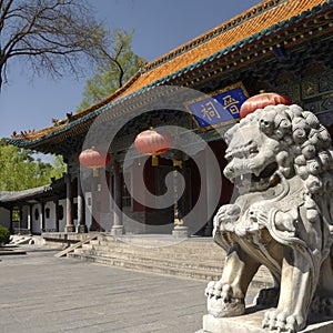 Stone lions and the porch of chinese traditional architecture