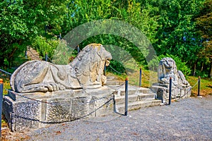 The stone lions sculptures in landscape garden of Olesko Castle, Ukraine