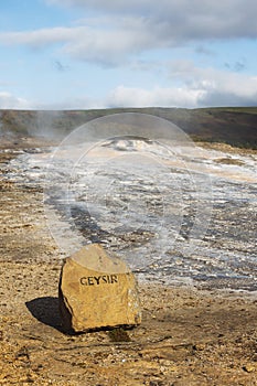 Stone marking the site of geyser in Iceland