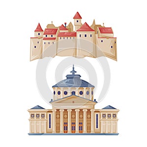 Stone Medieval Castle and Athenaeum as Romania Traditional Symbol and Object Vector Set