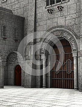 Stone Medieval Castle Courtyard Illustration