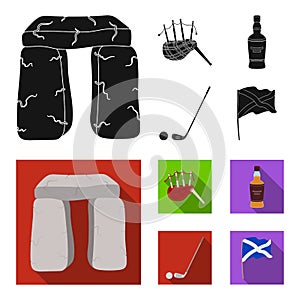 Stone monument, bagpipe, whiskey, golf. Scotland country set collection icons in black, flat style vector symbol stock