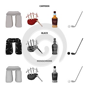 Stone monument, bagpipe, whiskey, golf. Scotland country set collection icons in cartoon,black,monochrome style vector