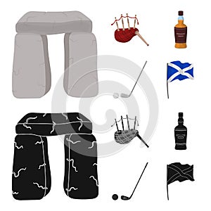 Stone monument, bagpipe, whiskey, golf. Scotland country set collection icons in cartoon,black style vector symbol stock