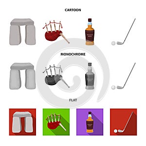 Stone monument, bagpipe, whiskey, golf. Scotland country set collection icons in cartoon,flat,monochrome style vector