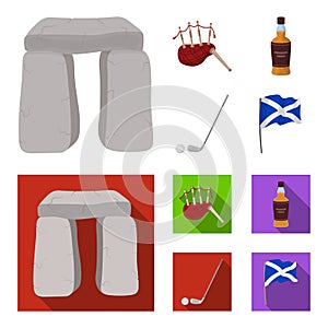 Stone monument, bagpipe, whiskey, golf. Scotland country set collection icons in cartoon,flat style vector symbol stock