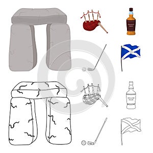 Stone monument, bagpipe, whiskey, golf. Scotland country set collection icons in cartoon,outline style vector symbol