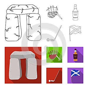 Stone monument, bagpipe, whiskey, golf. Scotland country set collection icons in outline,flat style vector symbol stock