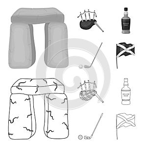 Stone monument, bagpipe, whiskey, golf. Scotland country set collection icons in outline,monochrome style vector symbol