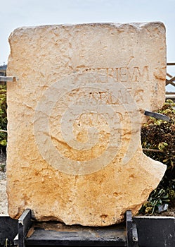 Stone monument with mention of Pontius Pilate near Herod's palace in Caesarea Maritima National Park