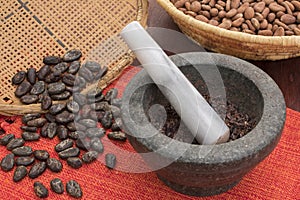 Stone mortar and pestle with cacao