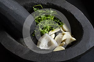 Stone mortar and pestle with garlic, coconut slices and coriander