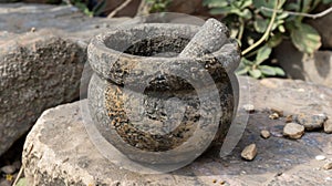A stone mortar and pestle worn from many years of use used for grinding sacred plants and herbs for incense and remedies