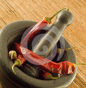 Stone mortar with red chillies
