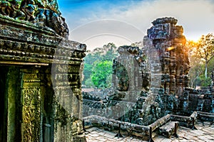 Stone murals and statue Bayon Temple Angkor Thom. Angkor Wat the