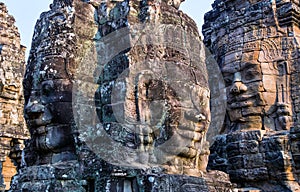 Stone murals and statue Bayon Temple Angkor Thom. Angkor Wat the