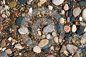 Stone natural background. Wet pebble stones in water