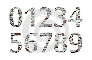 Stone number font from 0 to 9, isolated on white background. Numbers and symbols.